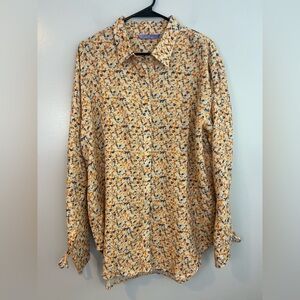 NWT La Porte Yellow Floral Linen Blend Button Down Tie Wrist Top/Blouse Large